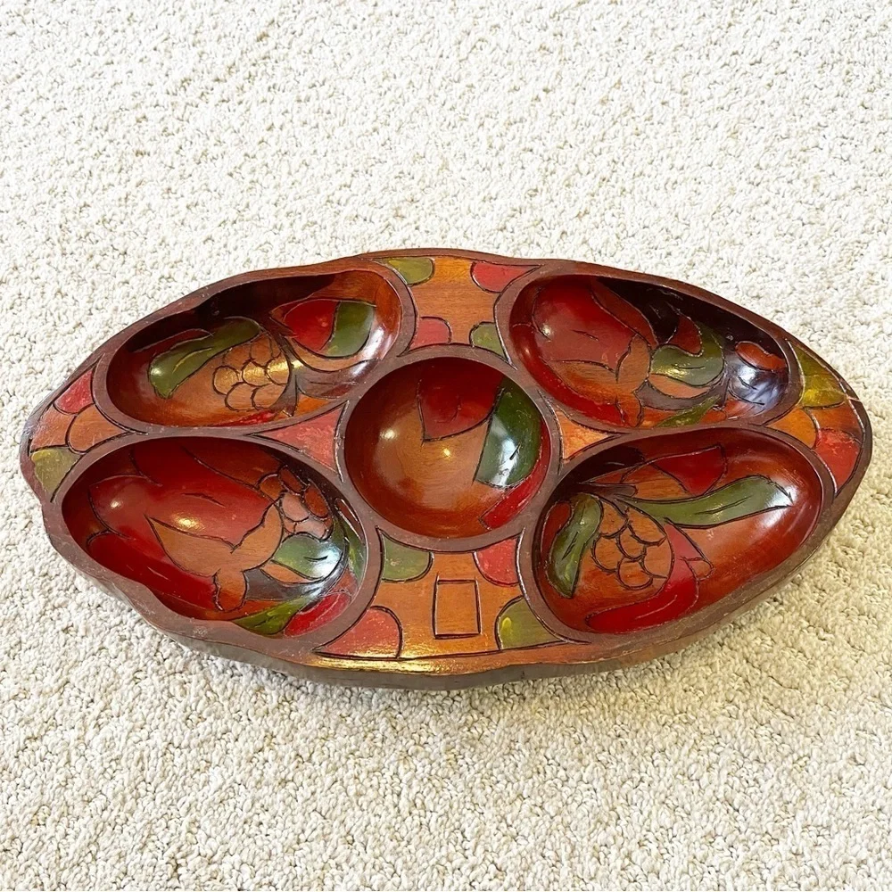 Vintage Mid Century Wooden Serving Bowl Snack Platter Boho Exotic Divided Carved